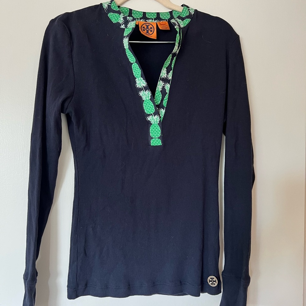 Tory Burch Black Top with Green Pineapple Trim and Orange Logo Tag